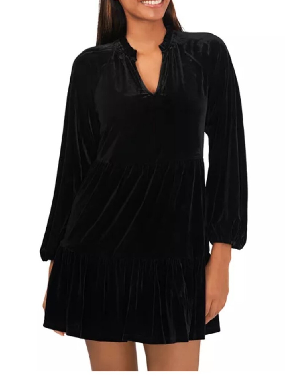 CeCe Black Velvet Blouson Sleeve Babydoll Dress Size M Cocktail Party Holiday